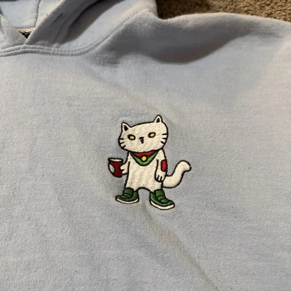 Riot Society Hoodie Sweatshirt Mens Medium Blue Sugee Cat Pullover Heavyweight - Picture 2 of 8